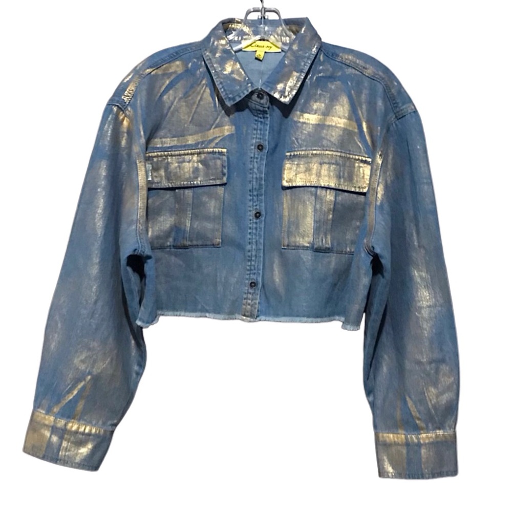 Circus NY Cropped Metallic Denim Jacket Medium